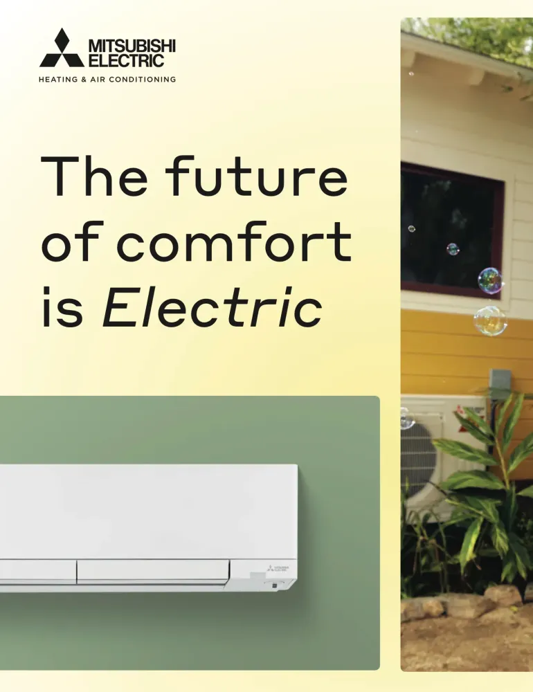 cover for mitsubishi electric hvac residential product brochure, "the future of comfort is electric"