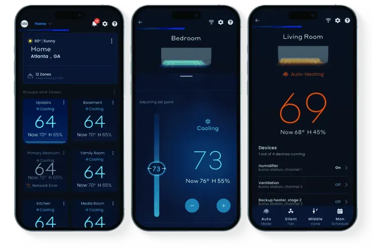 3 smartphone devices with mitsubishi electric smart home comfort controls app shown on screens