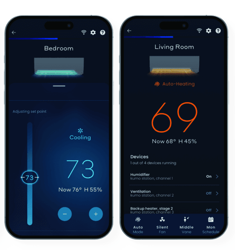 comfort app two screens one showing heating and cooling mode
