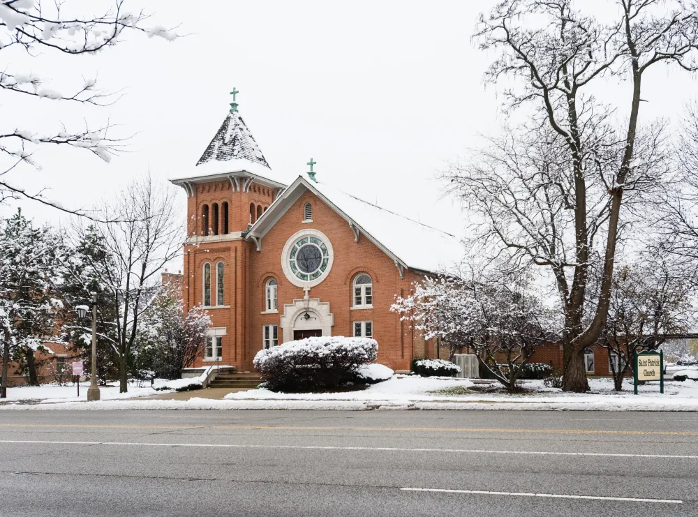 St. Patrick Catholic Church winter tree snow architecture church house building street park city fall outdoors home travel old religion urban cold cross