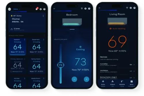 3 smartphone devices with mitsubishi electric smart home comfort controls app shown on screens